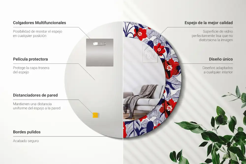 Espejo redondo estampado Filodendros