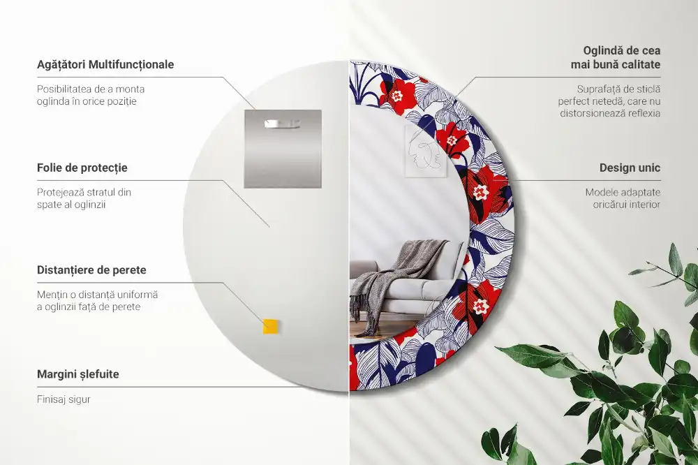 Espejo redondo estampado Filodendros