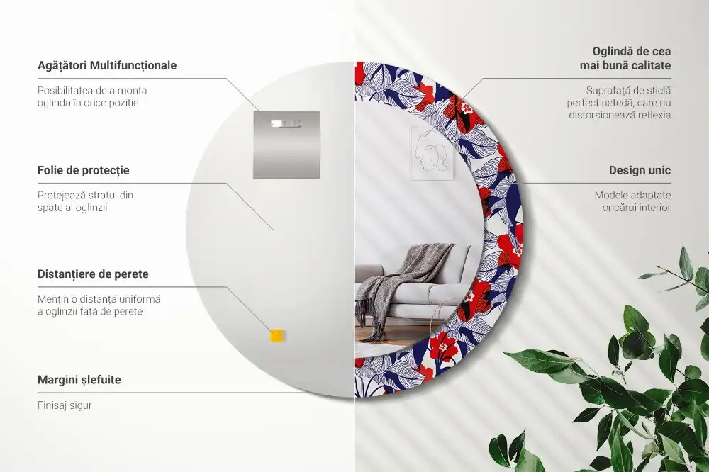 Espejo redondo estampado Filodendros