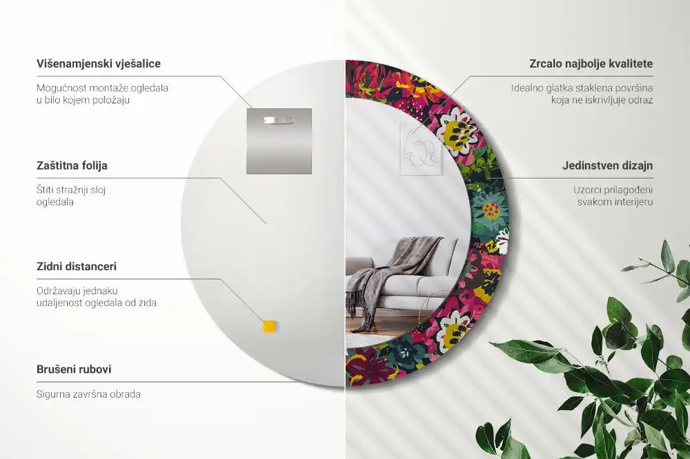 Espejo redondo estampado flores pintadas