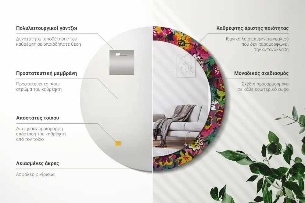 Espejo redondo estampado flores pintadas