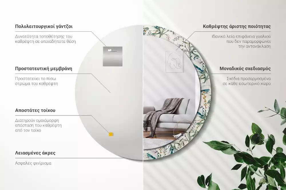 Espejo redondo estampado flores de acuarela