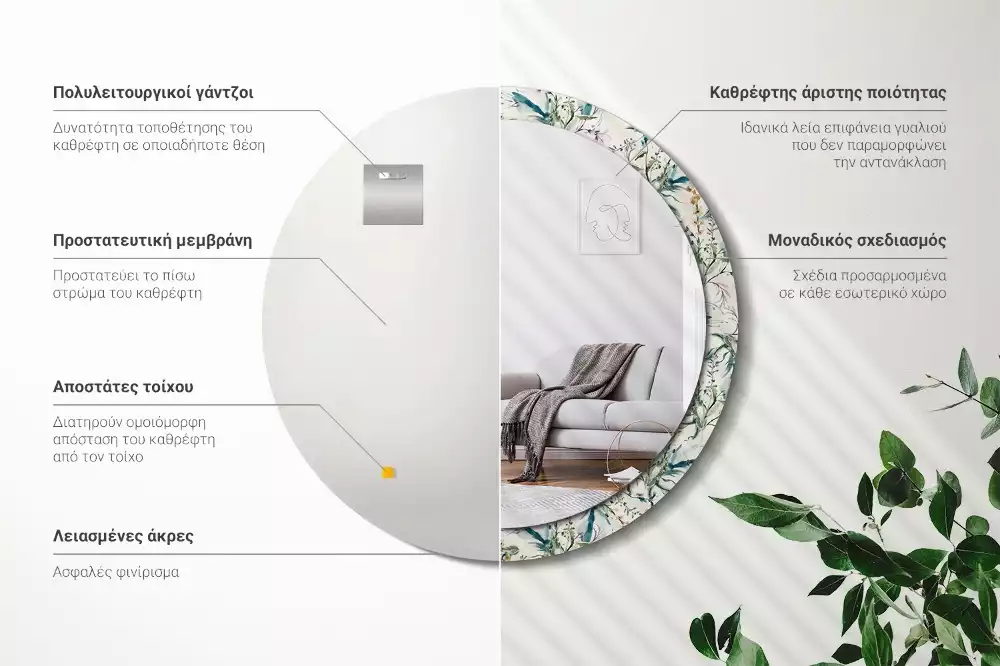 Espejo redondo estampado flores de acuarela