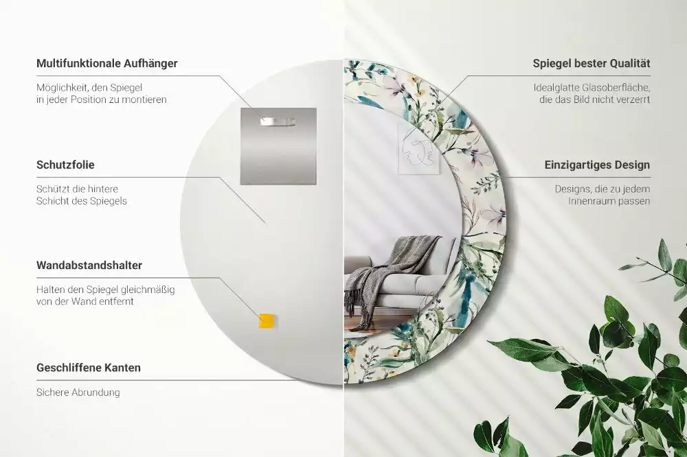 Espejo redondo estampado flores de acuarela