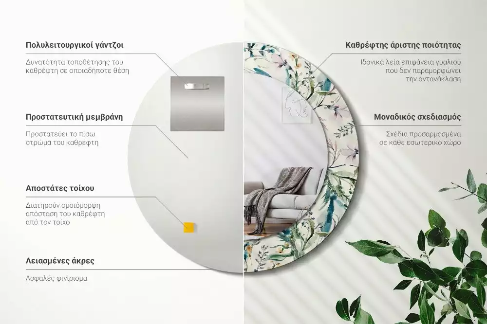 Espejo redondo estampado flores de acuarela