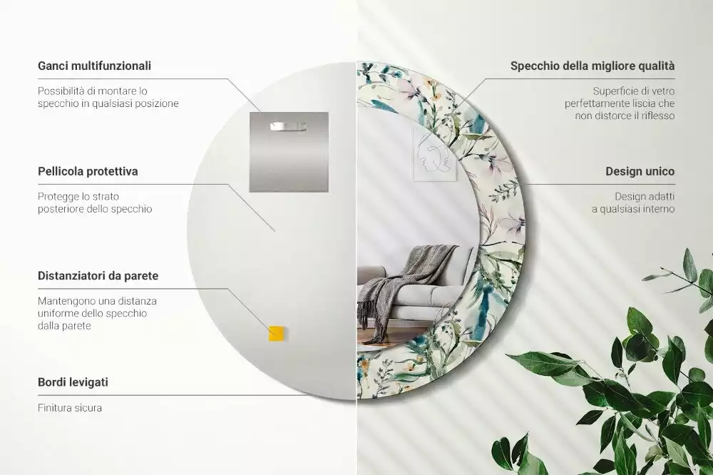 Espejo redondo estampado flores de acuarela