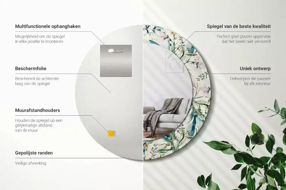 Espejo redondo estampado flores de acuarela