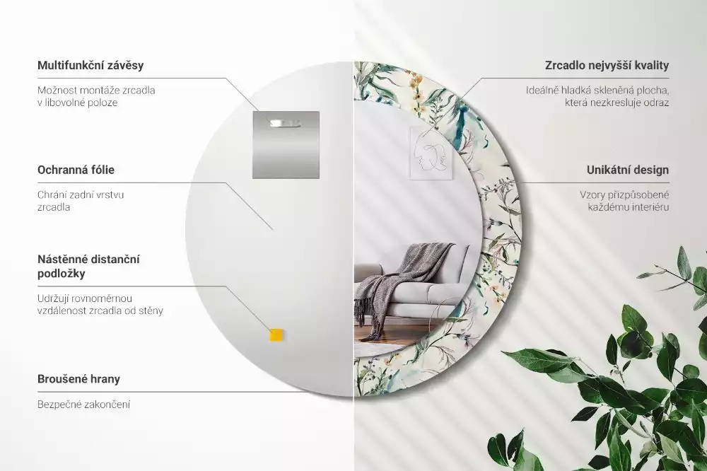 Espejo redondo estampado flores de acuarela