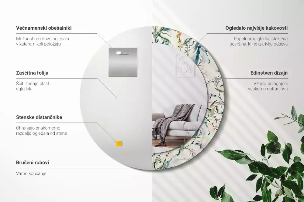 Espejo redondo estampado flores de acuarela