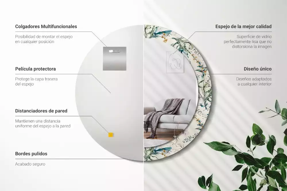 Espejo redondo estampado flores de acuarela