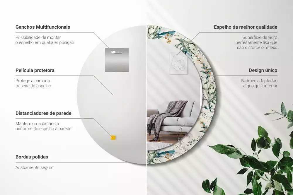 Espejo redondo estampado flores de acuarela