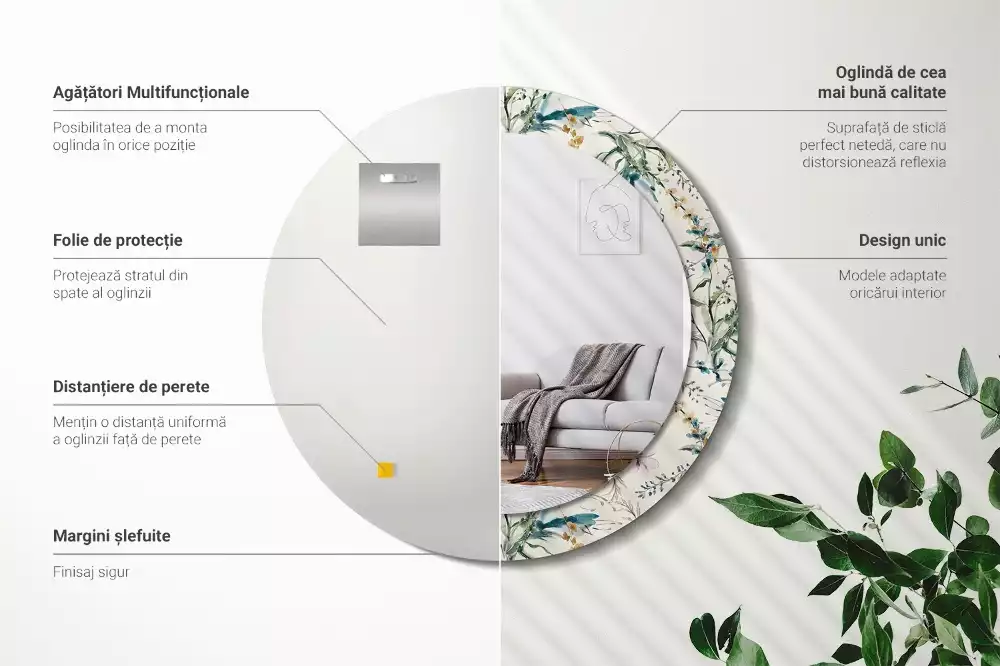 Espejo redondo estampado flores de acuarela