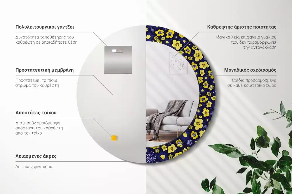 Espejo redondo con decoración Pequeñas flores