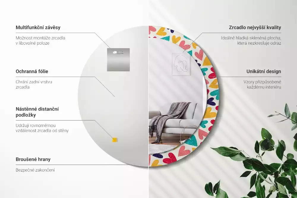 Espejo redondo estampado Corazones de colores