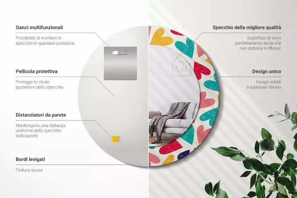 Espejo redondo estampado Corazones de colores