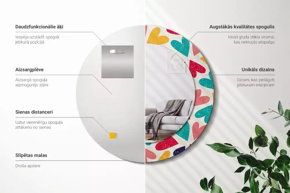 Espejo redondo estampado Corazones de colores