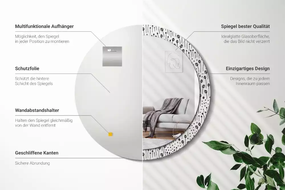 Espejo redondo con decoración Dibujo de flores