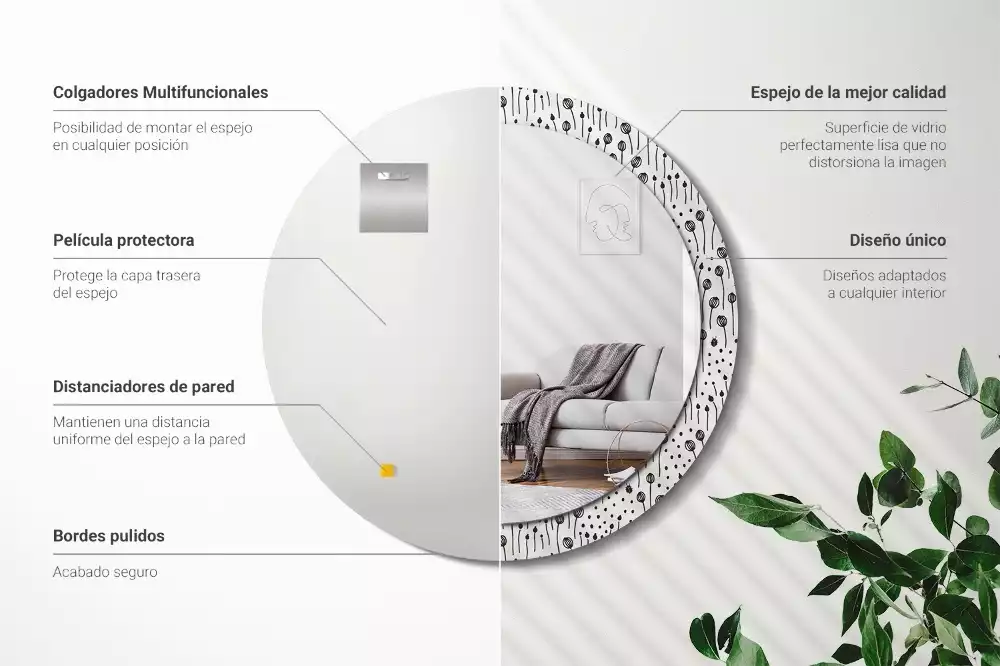 Espejo redondo con decoración Dibujo de flores