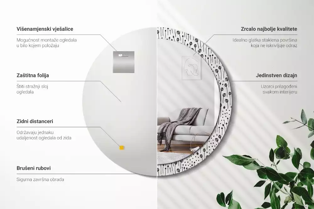 Espejo redondo con decoración Dibujo de flores