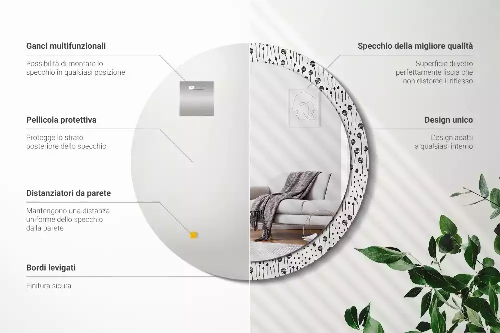 Espejo redondo con decoración Dibujo de flores