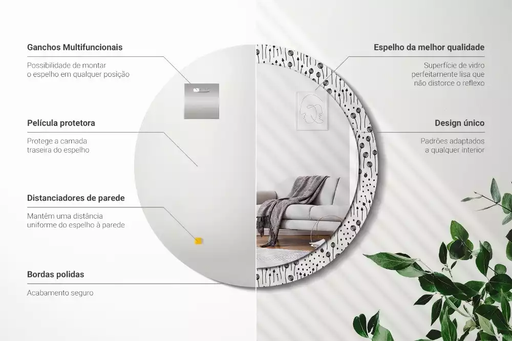 Espejo redondo con decoración Dibujo de flores