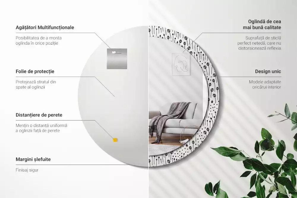 Espejo redondo con decoración Dibujo de flores