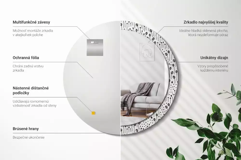 Espejo redondo con decoración Dibujo de flores