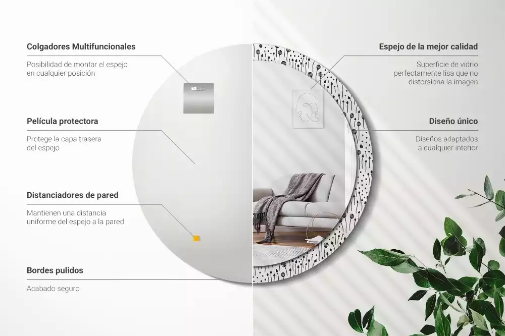 Espejo redondo con decoración Dibujo de flores