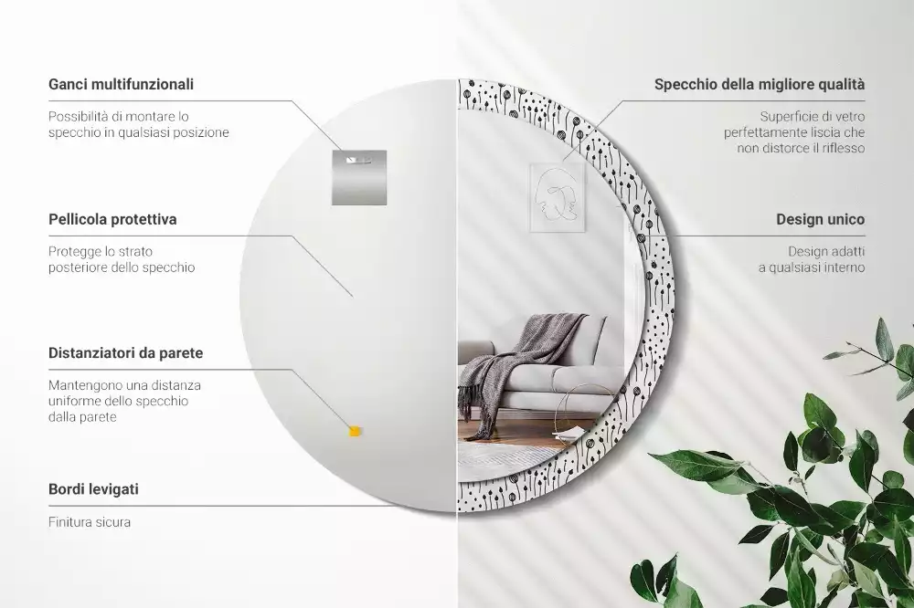 Espejo redondo con decoración Dibujo de flores