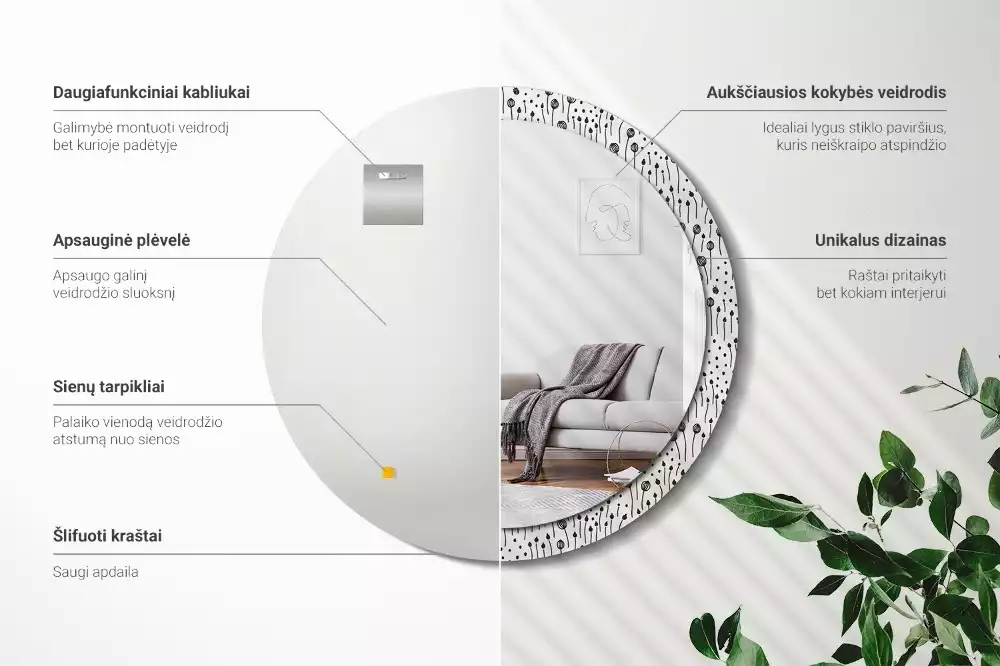 Espejo redondo con decoración Dibujo de flores