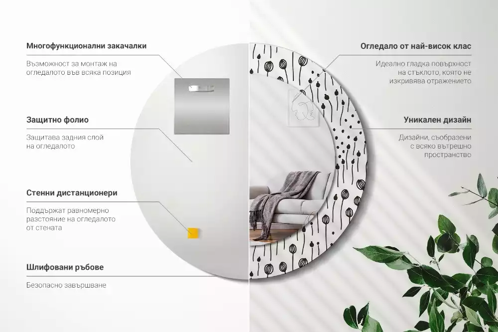 Espejo redondo con decoración Dibujo de flores