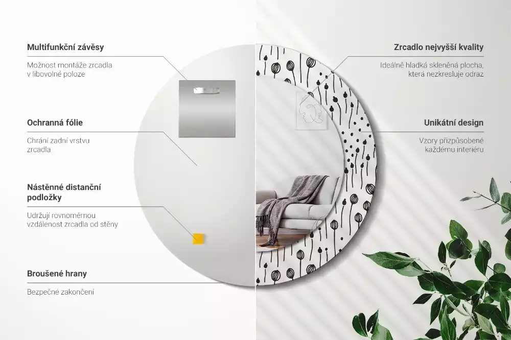 Espejo redondo con decoración Dibujo de flores