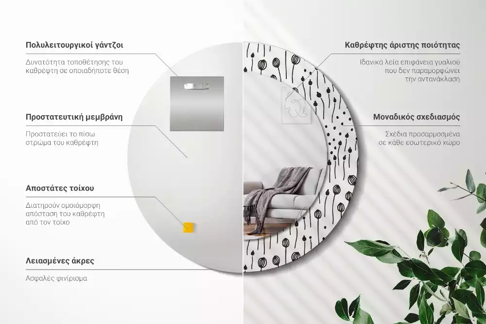 Espejo redondo con decoración Dibujo de flores