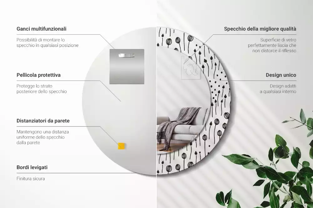 Espejo redondo con decoración Dibujo de flores