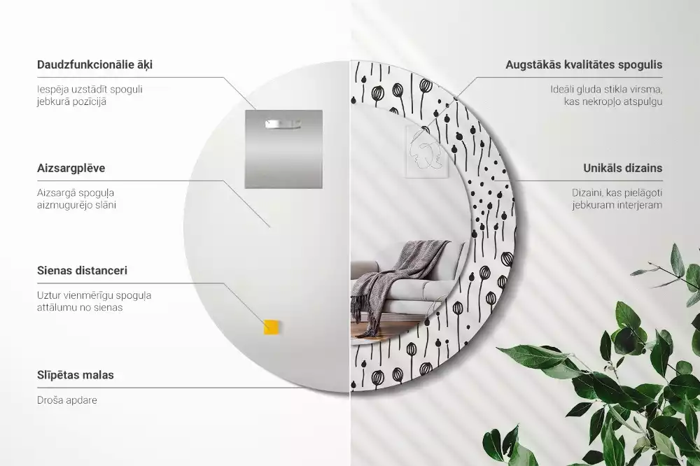 Espejo redondo con decoración Dibujo de flores