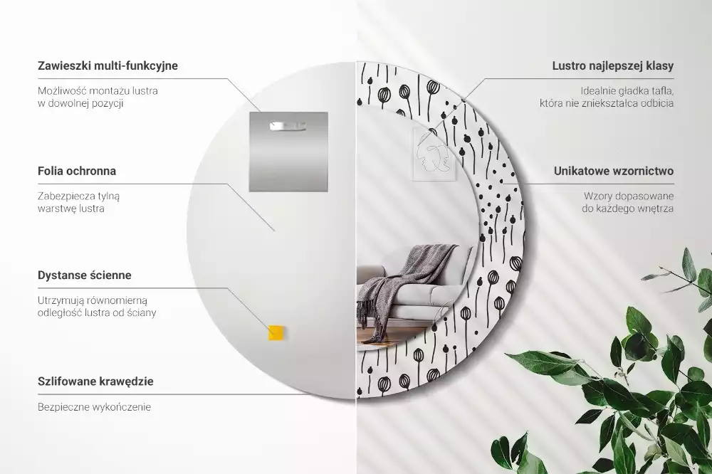 Espejo redondo con decoración Dibujo de flores