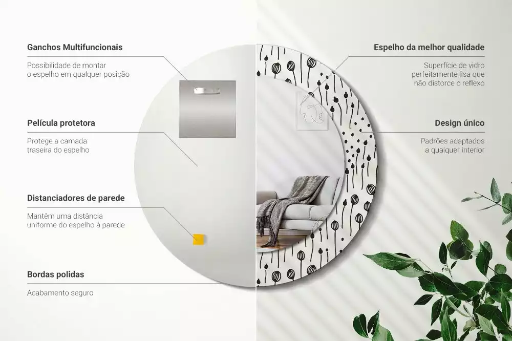 Espejo redondo con decoración Dibujo de flores