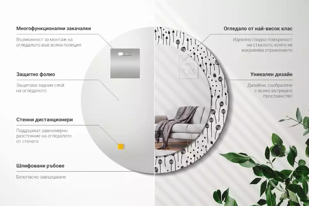 Espejo redondo con decoración Dibujo de flores