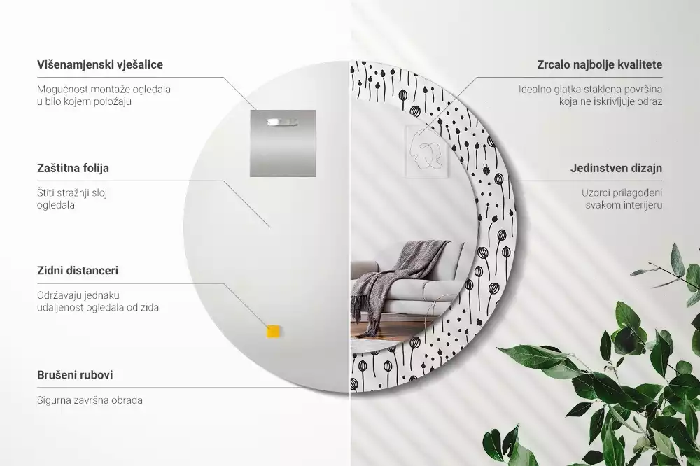 Espejo redondo con decoración Dibujo de flores