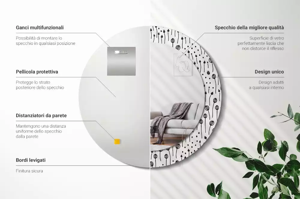 Espejo redondo con decoración Dibujo de flores