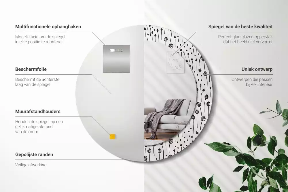 Espejo redondo con decoración Dibujo de flores