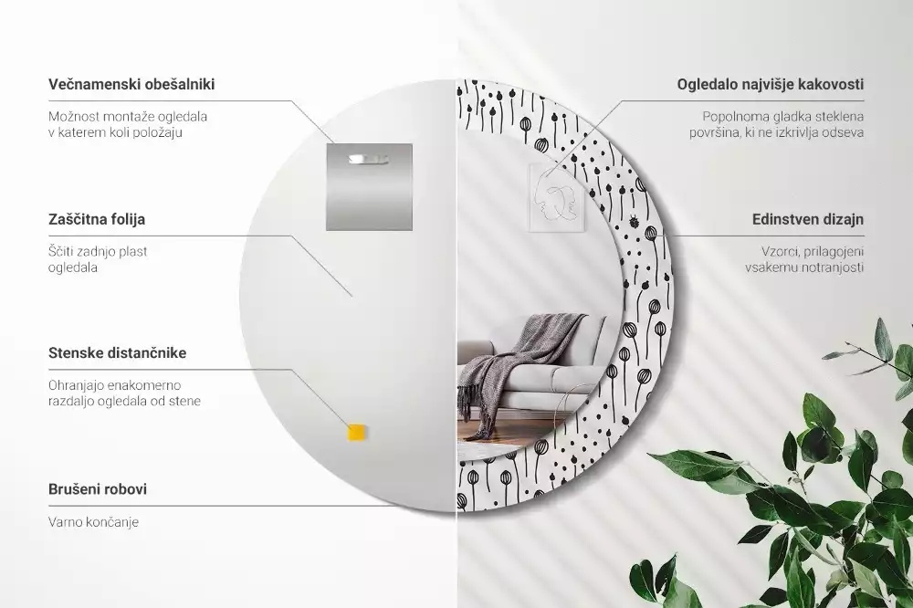 Espejo redondo con decoración Dibujo de flores