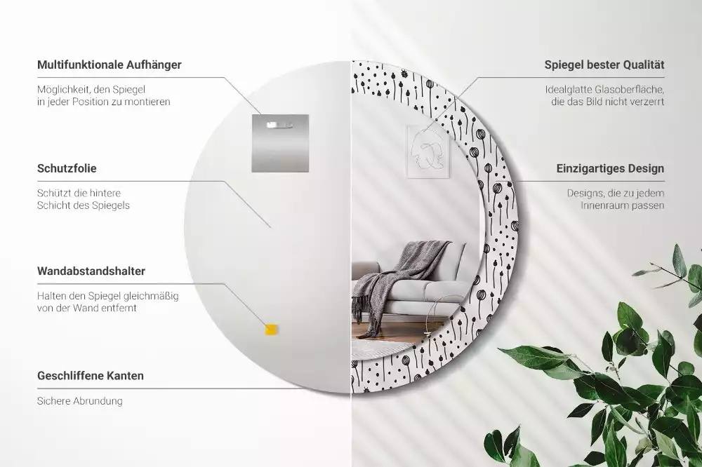 Espejo redondo con decoración Dibujo de flores