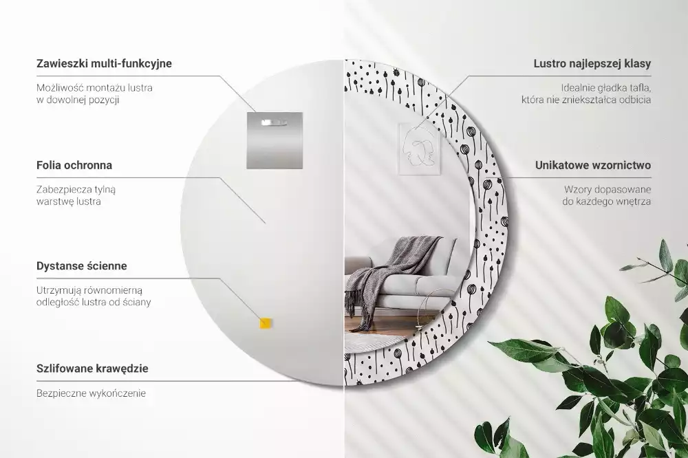 Espejo redondo con decoración Dibujo de flores