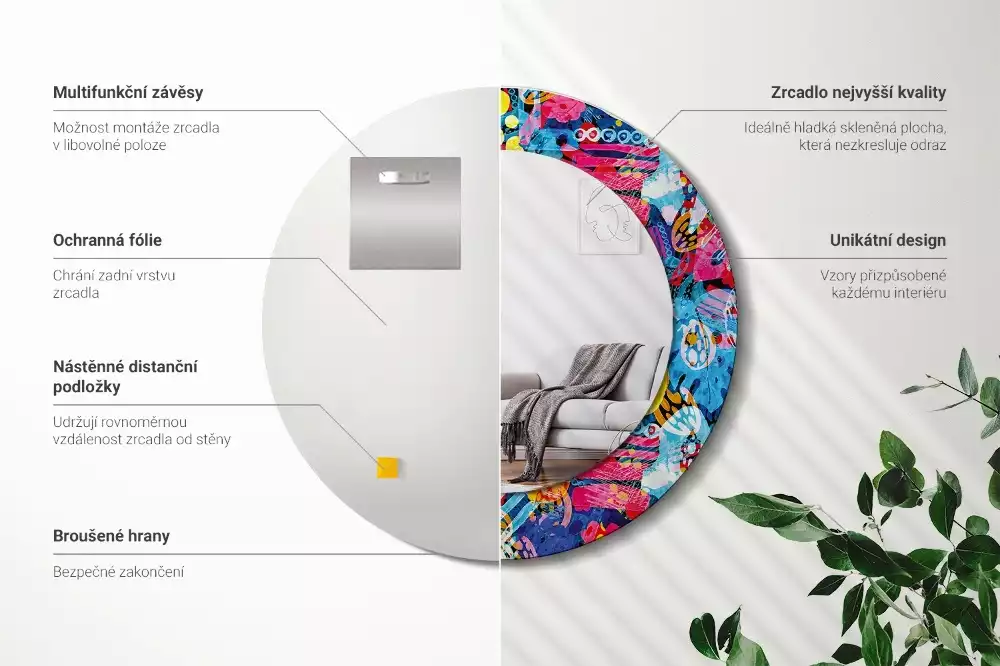 Espejo redondo con decoración Garabatos coloridos