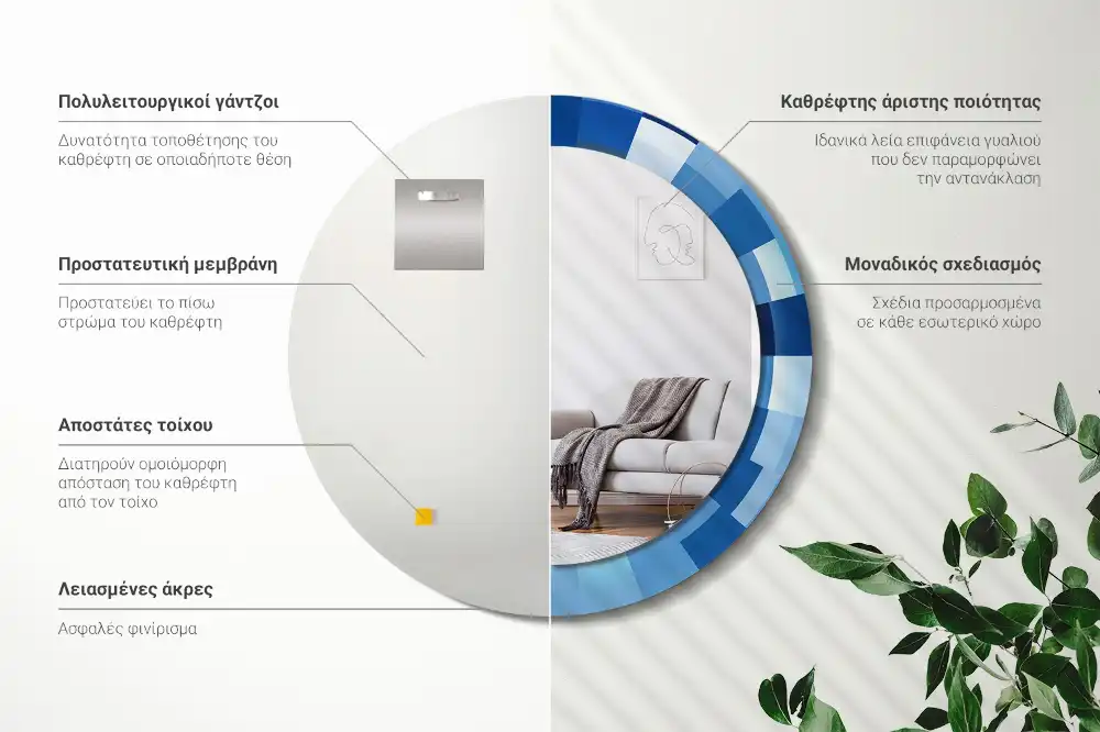 Espejo redondo con decoración Abstracto azul