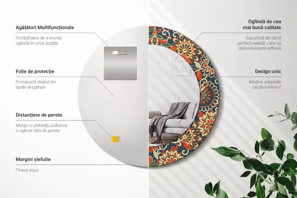 Espejo redondo estampado Flores retro