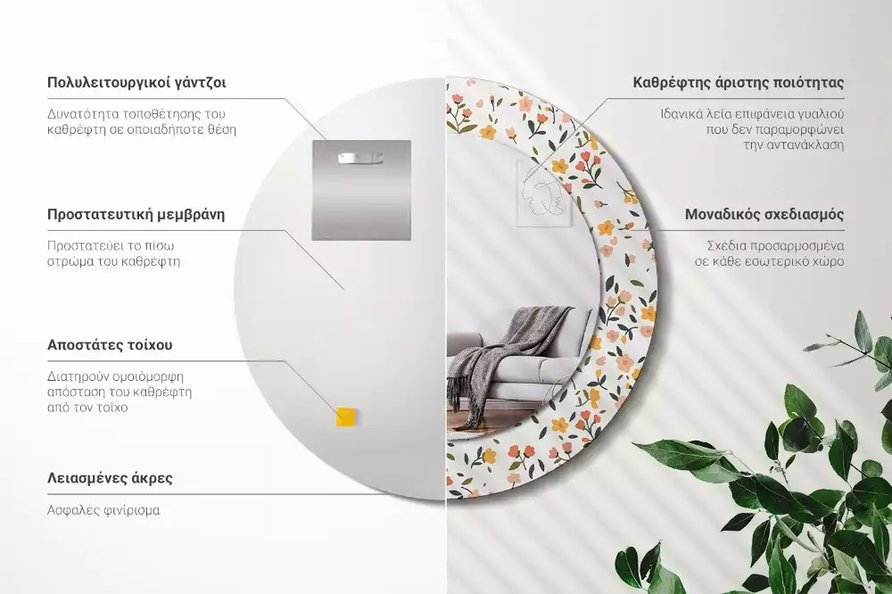 Espejo redondo con decoración Pequeñas flores