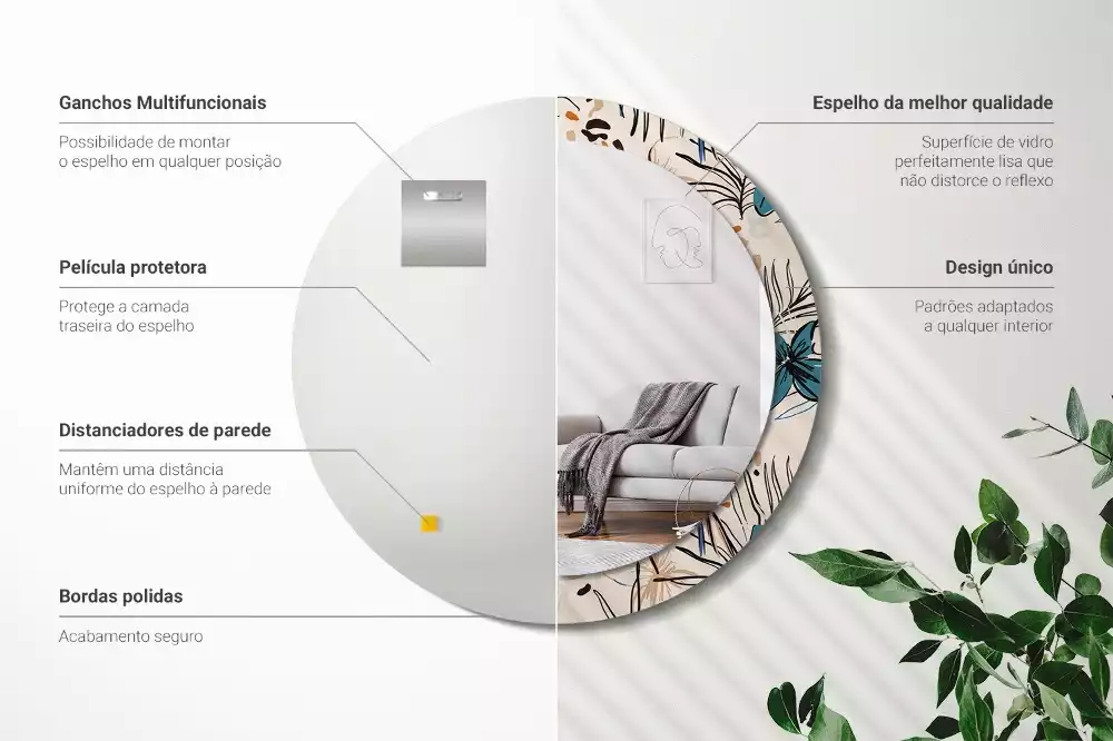 Espejo redondo con decoración Flores con estampado de jungla