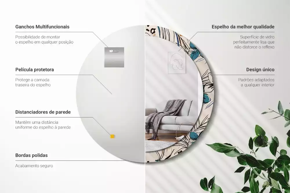 Espejo redondo con decoración Flores con estampado de jungla